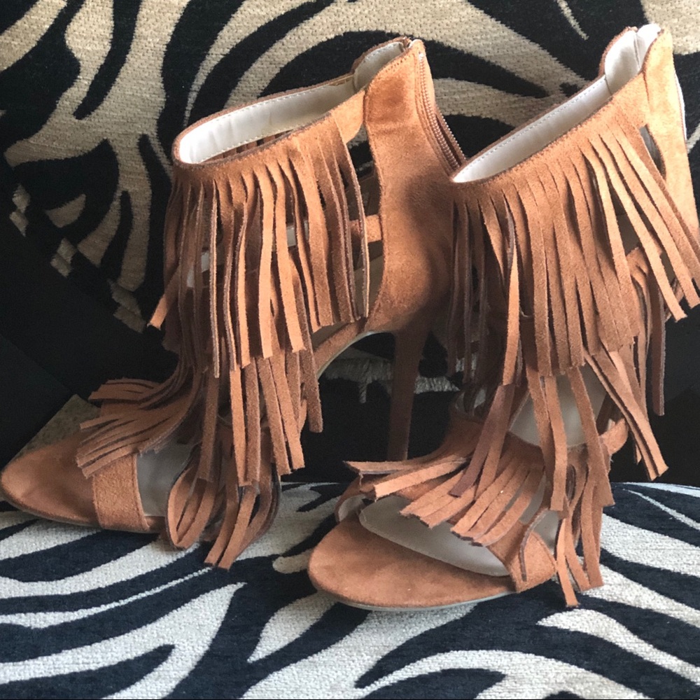 Cognac “Faux Suede” Fringe Heels-Sz 9